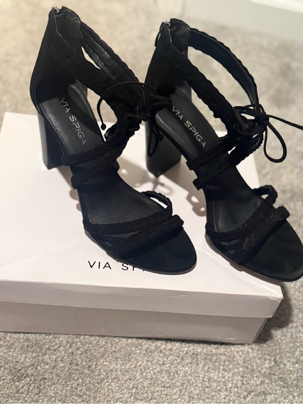Via Spiga Black Braided Lace-Up Block Heels